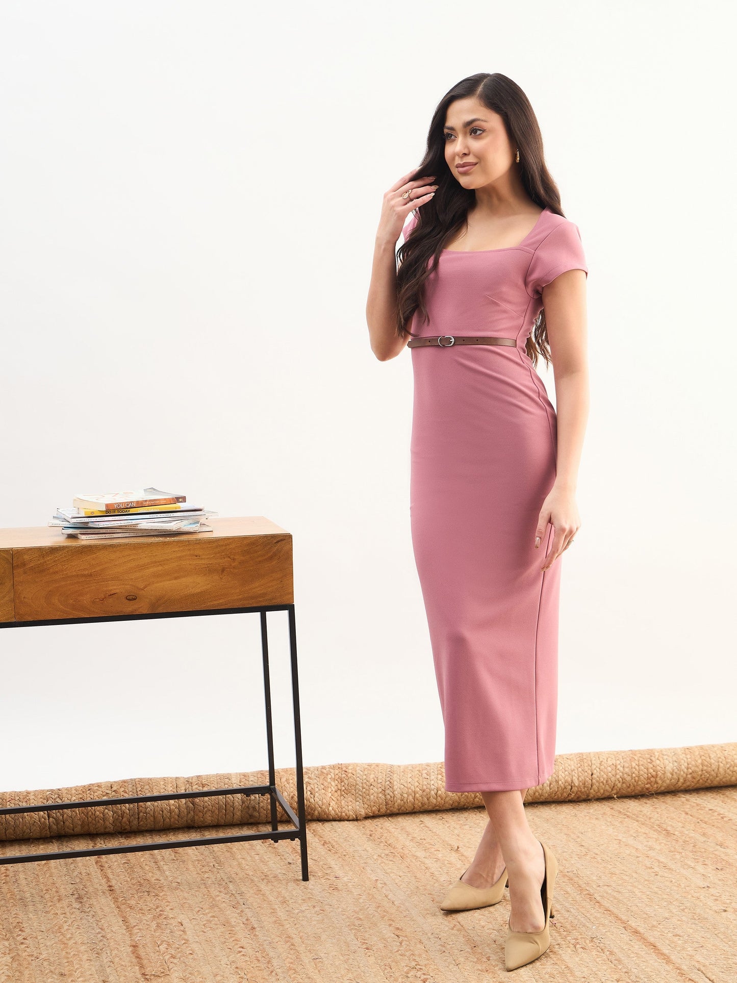 Pink Rhombus Neck Belted Bodycon Midi Dress