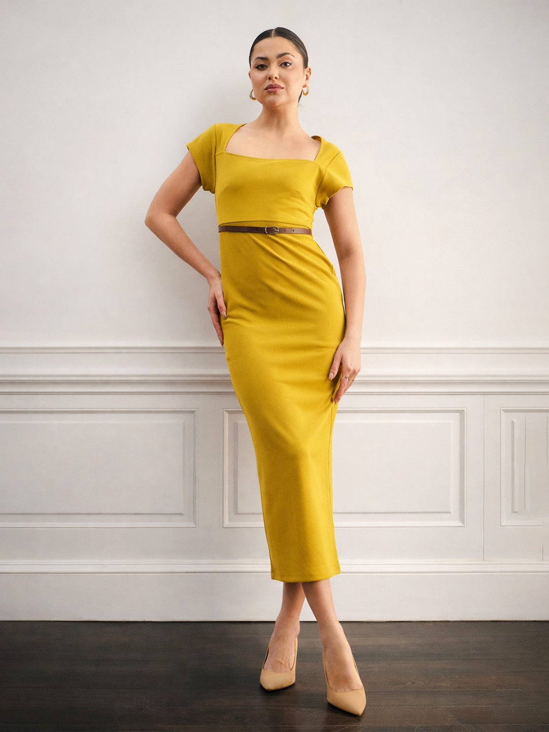 Women Lemon Rhombus Neck Belted Bodycon Midi Dress