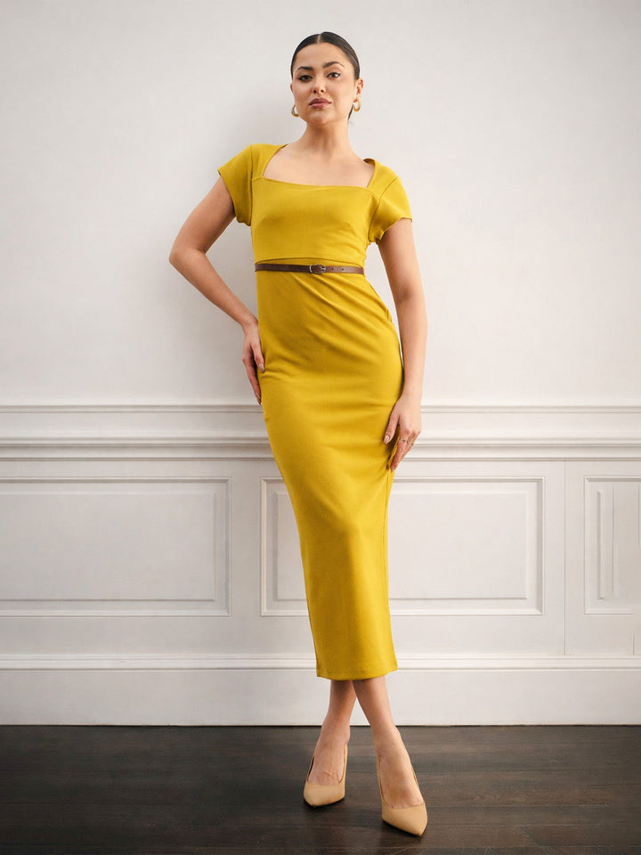Women Lemon Rhombus Neck Belted Bodycon Midi Dress