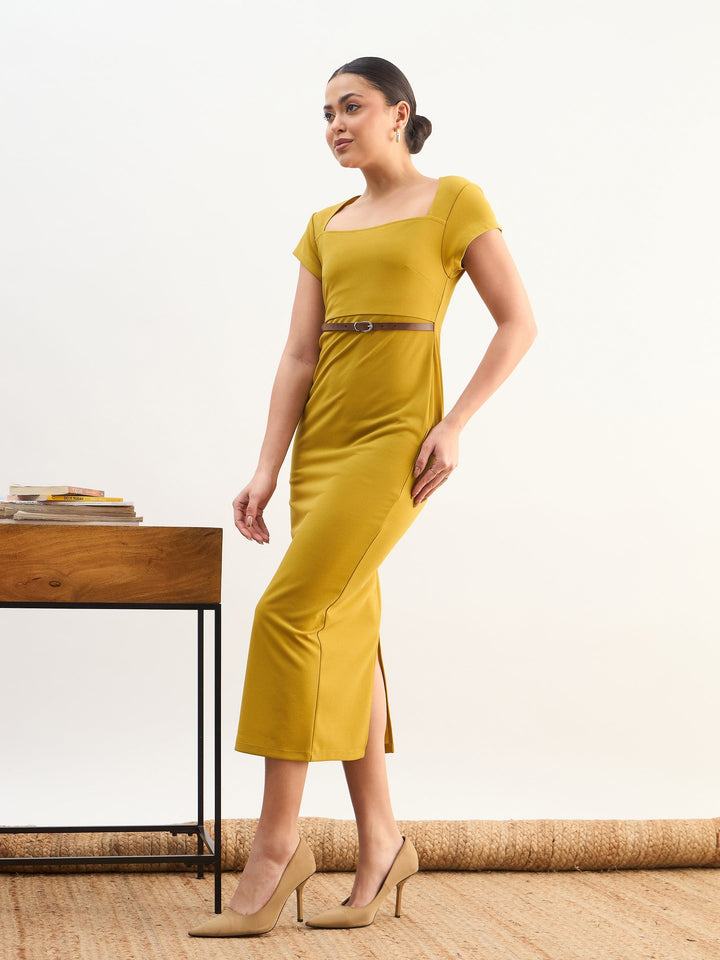 Women Lemon Rhombus Neck Belted Bodycon Midi Dress