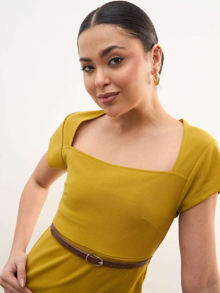 Women Lemon Rhombus Neck Belted Bodycon Midi Dress