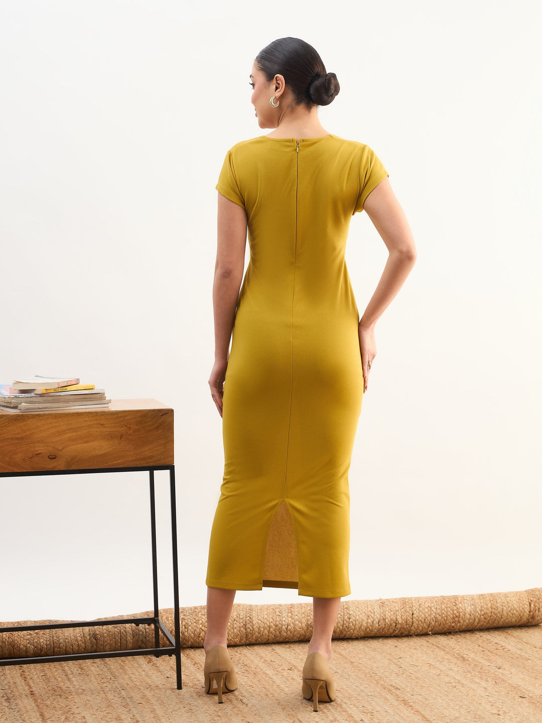 Women Lemon Rhombus Neck Belted Bodycon Midi Dress