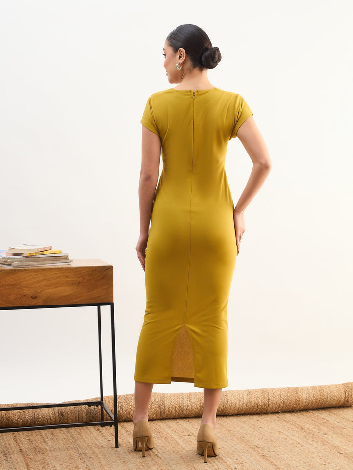 Women Lemon Rhombus Neck Belted Bodycon Midi Dress