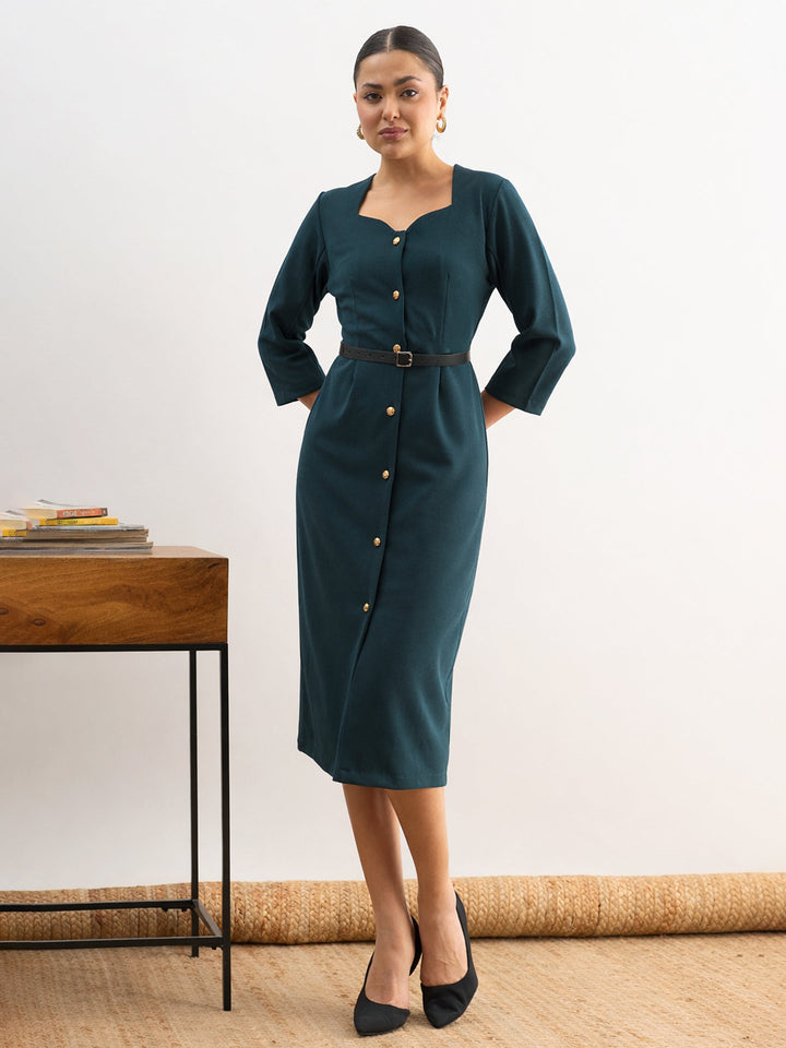 Women Emerald Green Sweetheart Neck Midi Dress With PU Belt