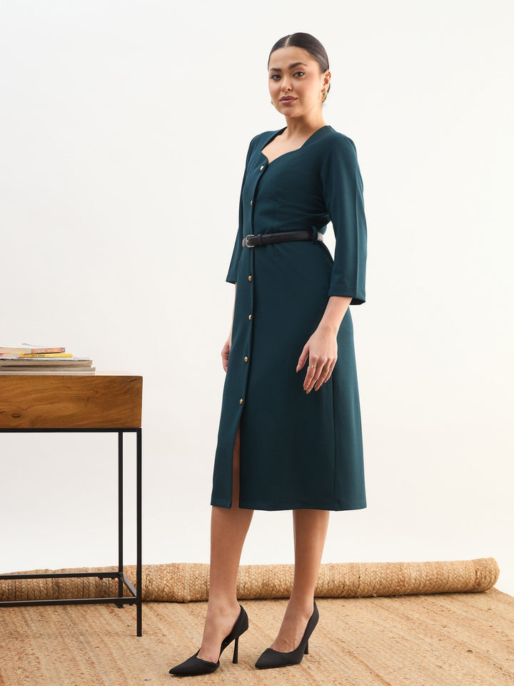 Women Emerald Green Sweetheart Neck Midi Dress With PU Belt