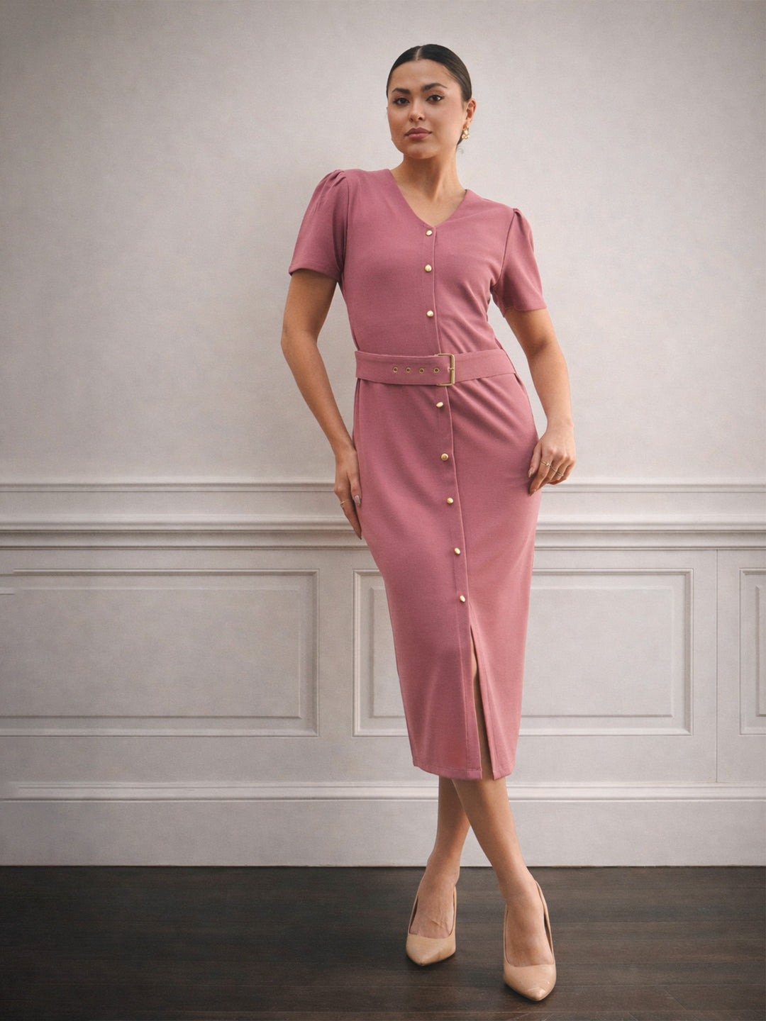 Women Pink V Neck Button Belt Midi dress