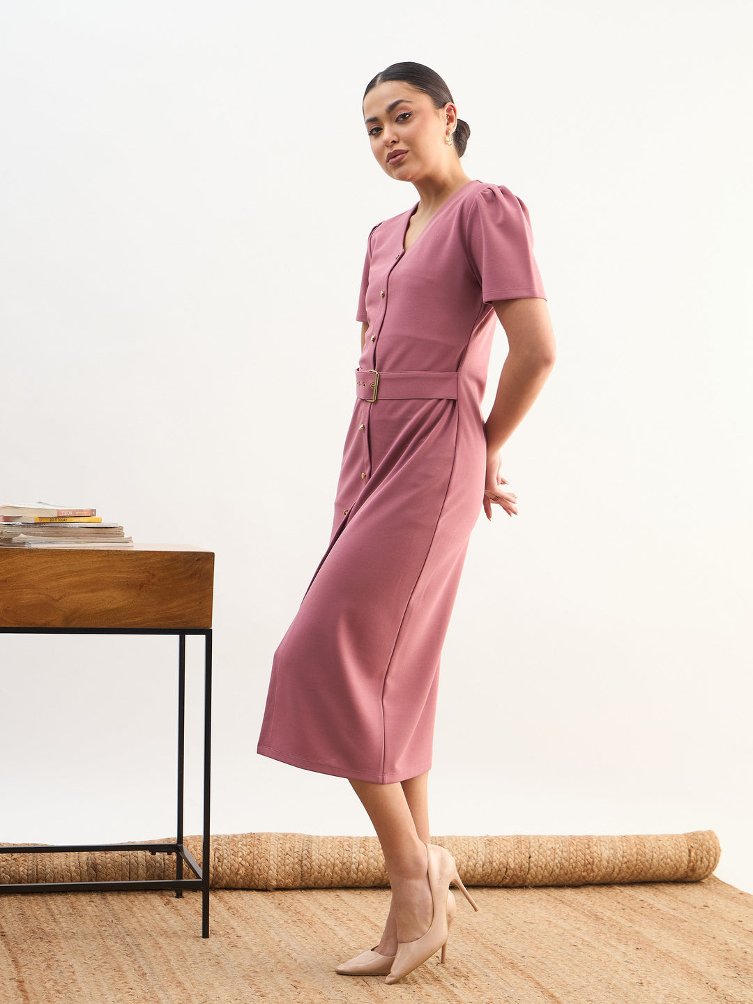 Women Pink V Neck Button Belt Midi dress