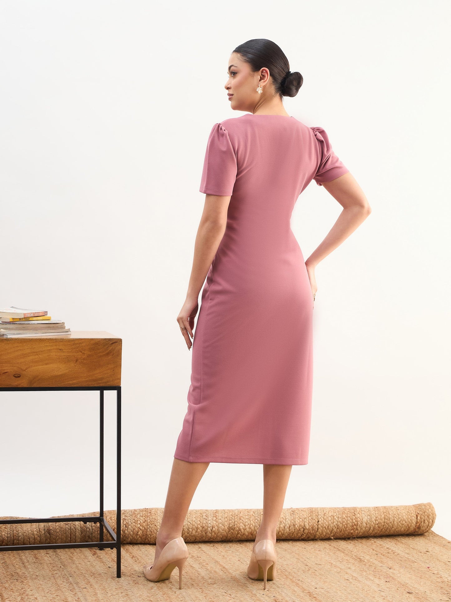 Women Pink V Neck Button Belt Midi dress
