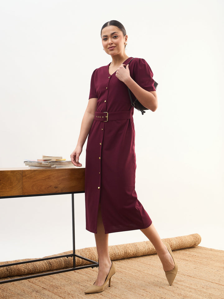 Women Maroon V Neck Button Belt Midi dress