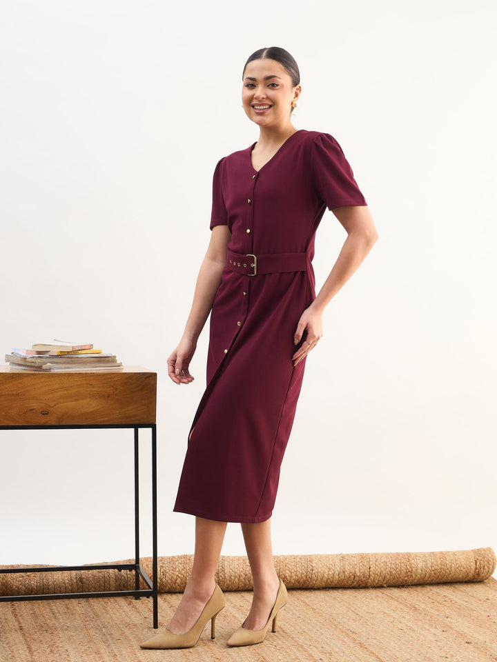 Women Maroon V Neck Button Belt Midi dress