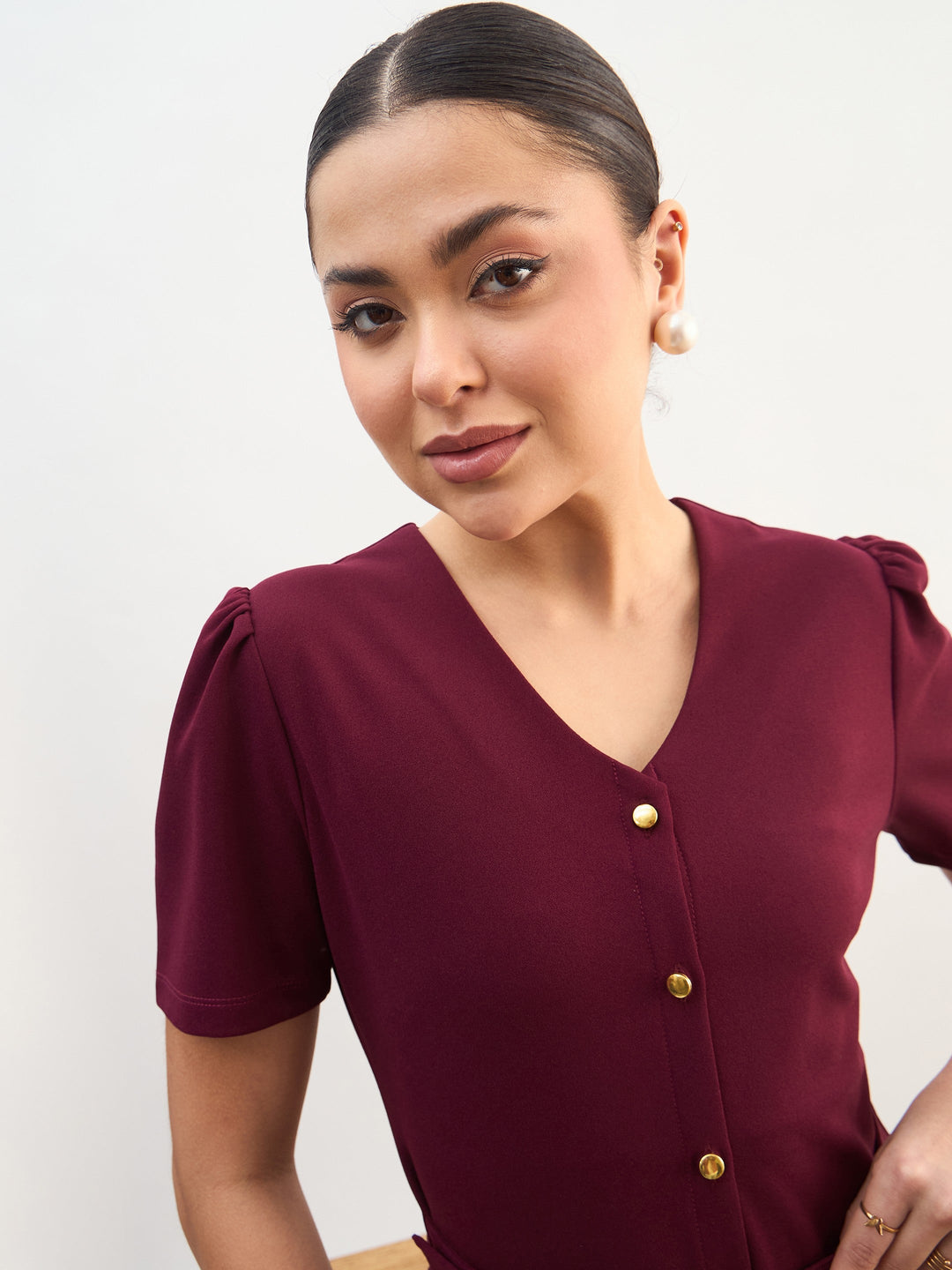 Women Maroon V Neck Button Belt Midi dress