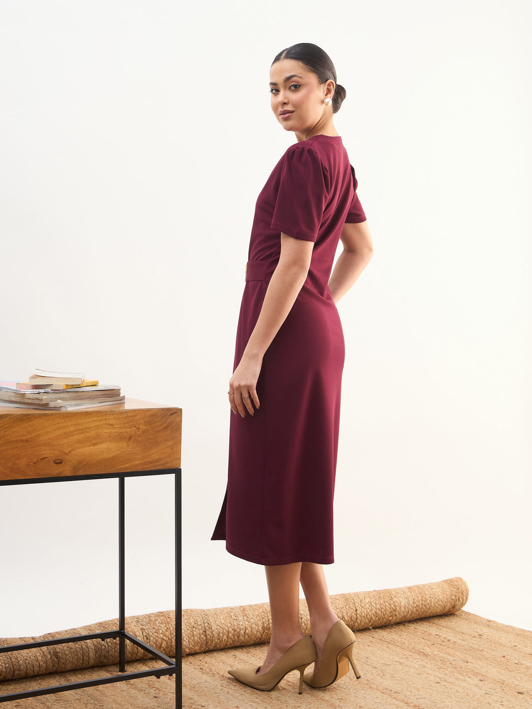 Women Maroon V Neck Button Belt Midi dress