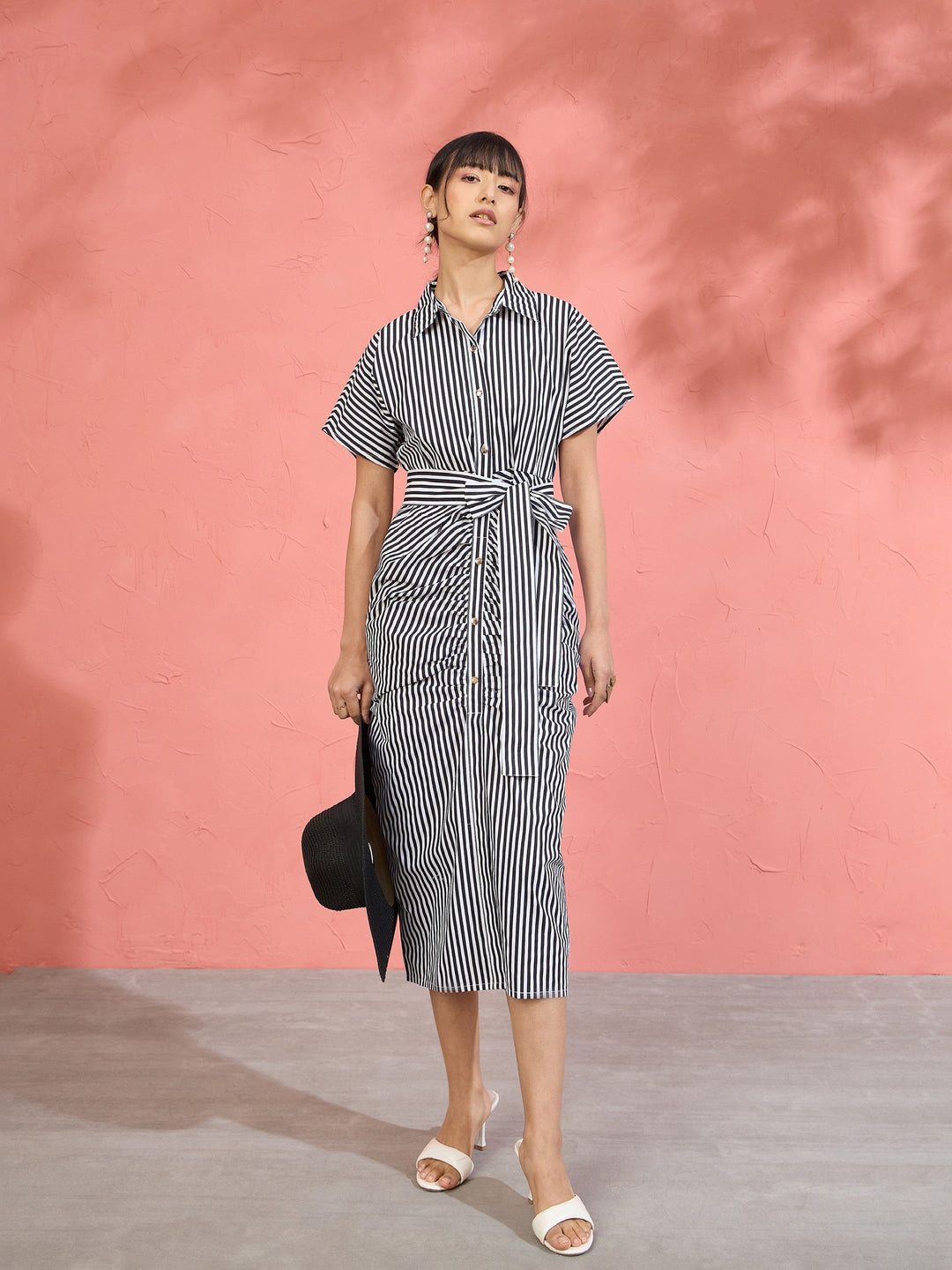 Women Black &amp; White Stripe Front Ruched Midi Dress