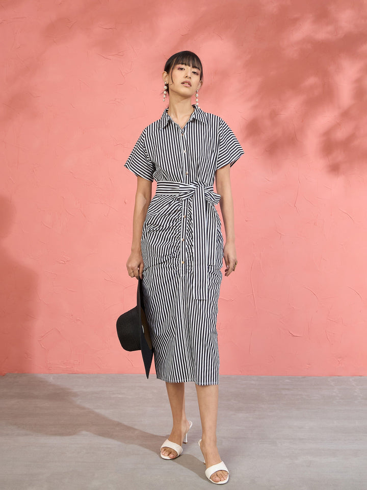 Women Black &amp; White Stripe Front Ruched Midi Dress