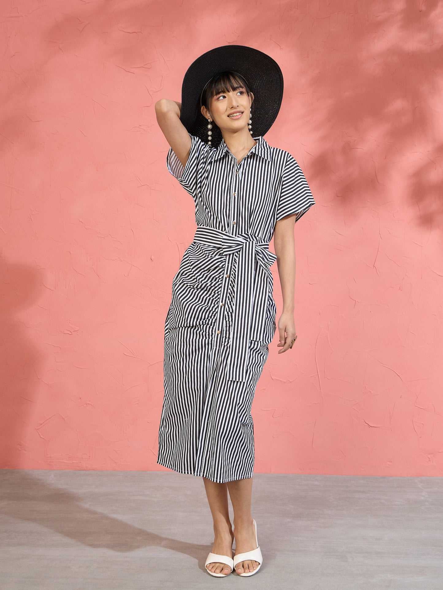 Women Black & White Stripe Front Ruched Midi Dress