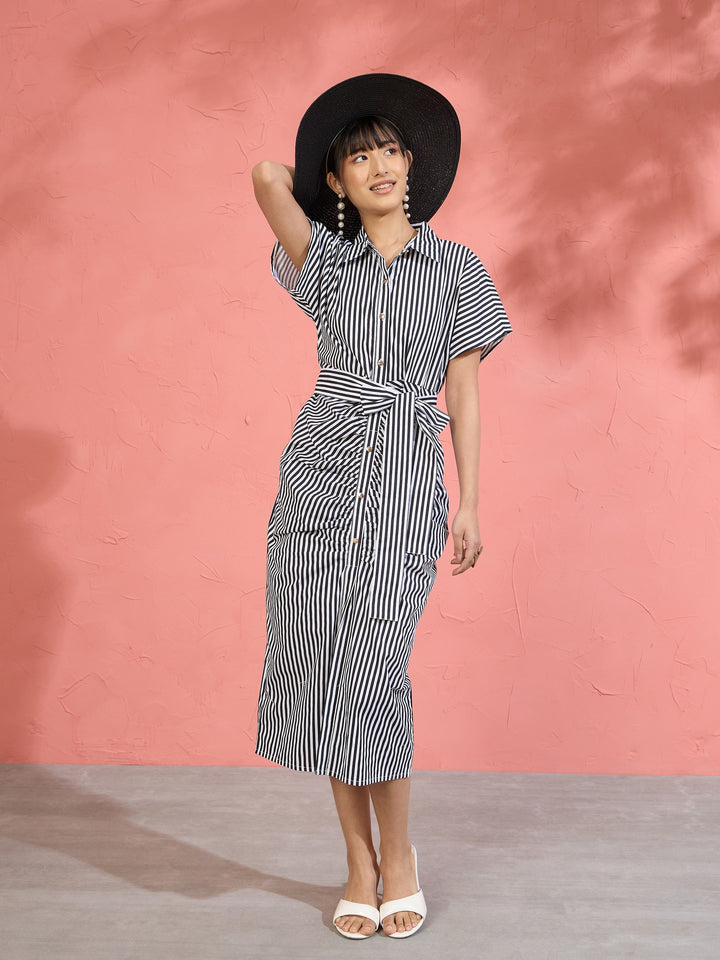 Women Black &amp; White Stripe Front Ruched Midi Dress