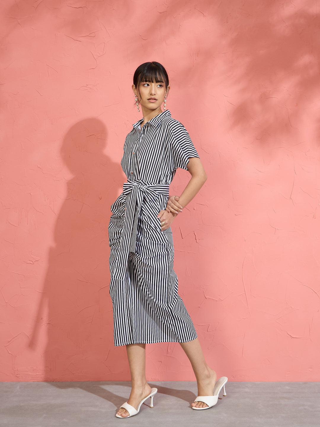 Women Black &amp; White Stripe Front Ruched Midi Dress