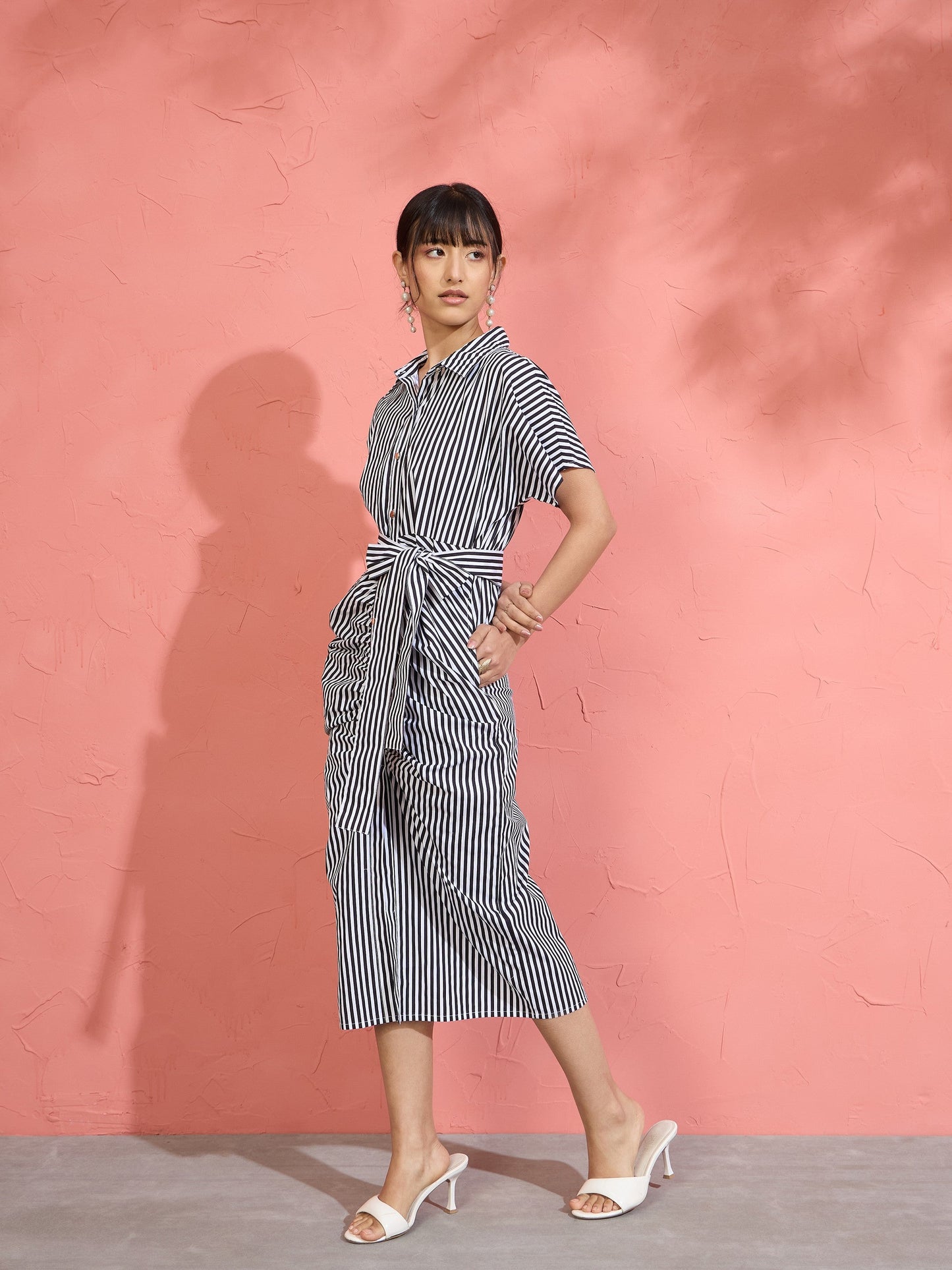 Women Black & White Stripe Front Ruched Midi Dress