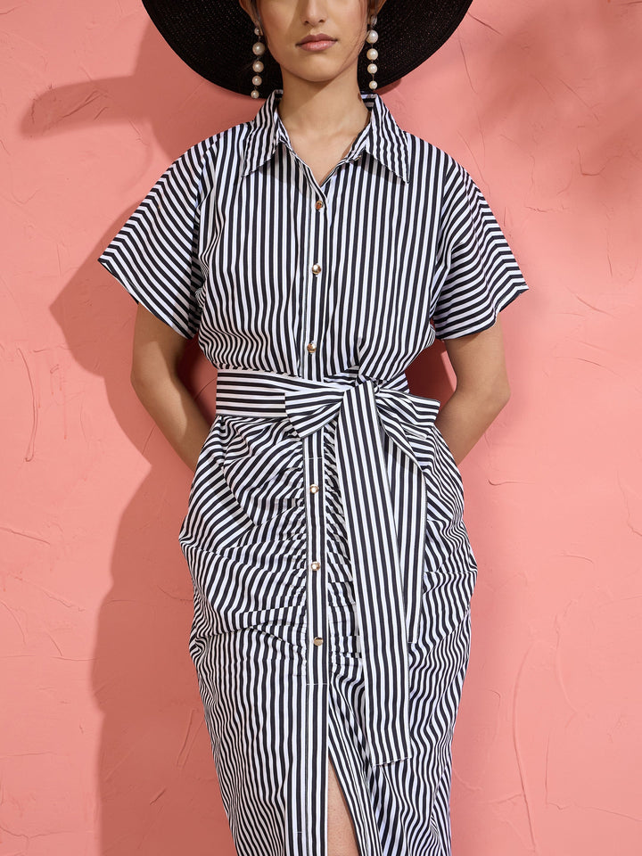 Women Black &amp; White Stripe Front Ruched Midi Dress