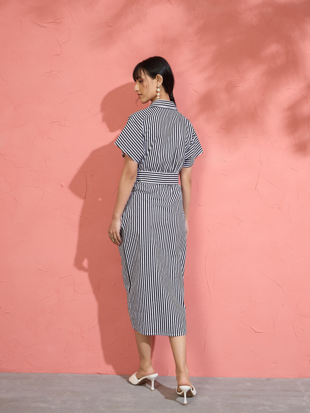 Women Black &amp; White Stripe Front Ruched Midi Dress