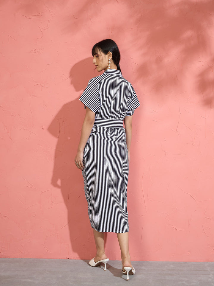Women Black &amp; White Stripe Front Ruched Midi Dress
