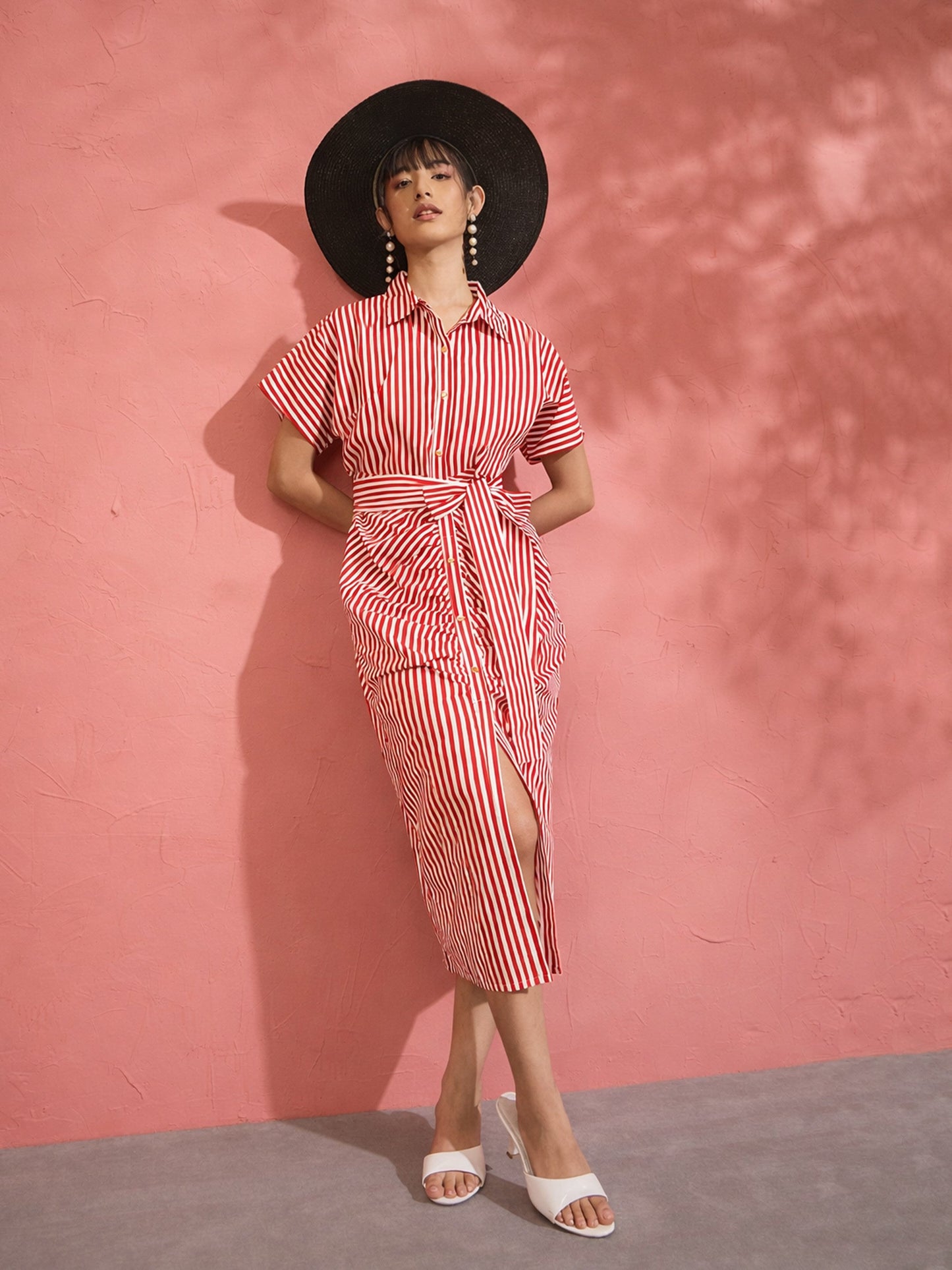 Women Red & White Stripe Front Ruched Midi Dress