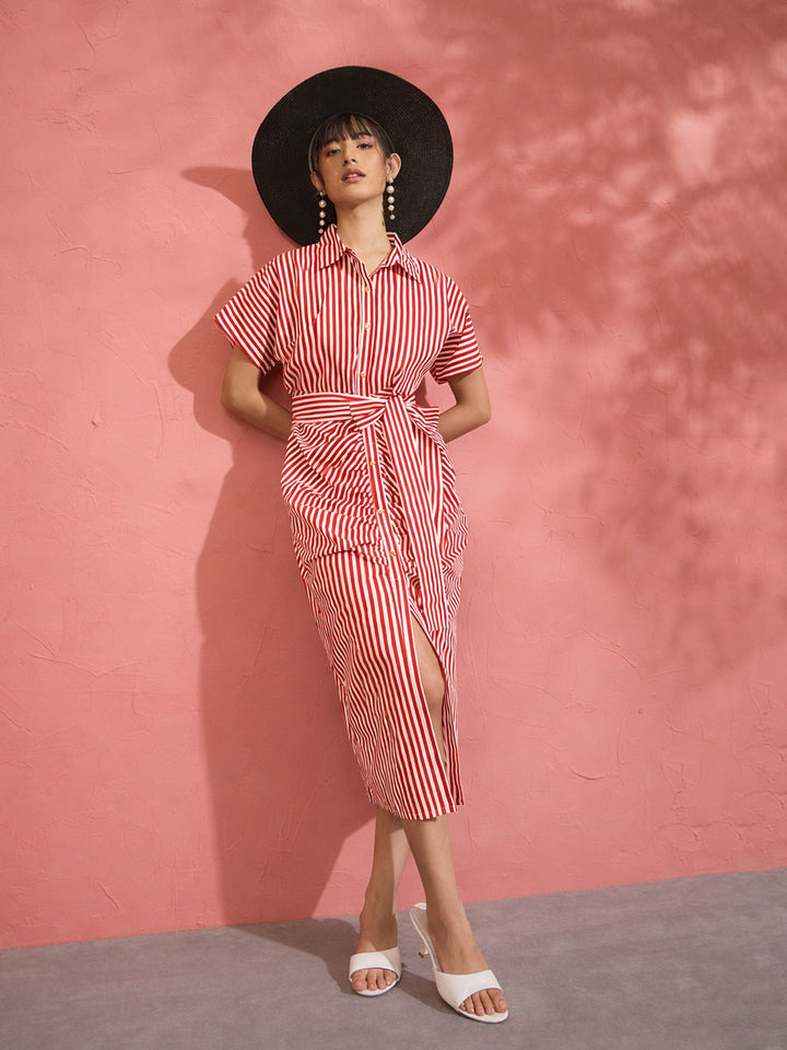 Women Red &amp; White Stripe Front Ruched Midi Dress