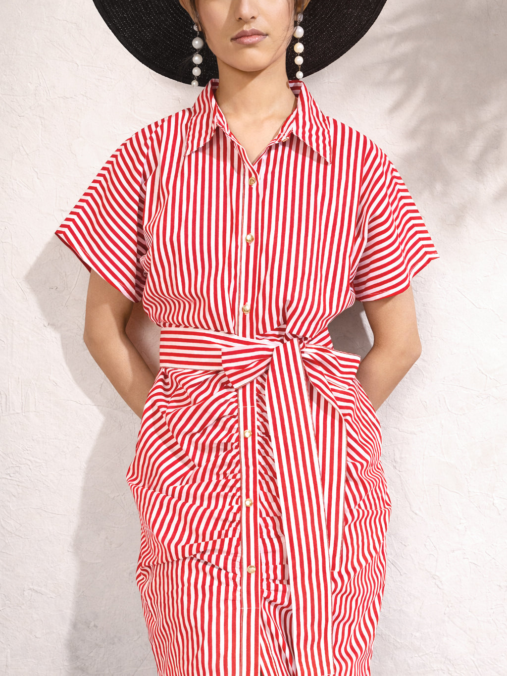 Women Red &amp; White Stripe Front Ruched Midi Dress