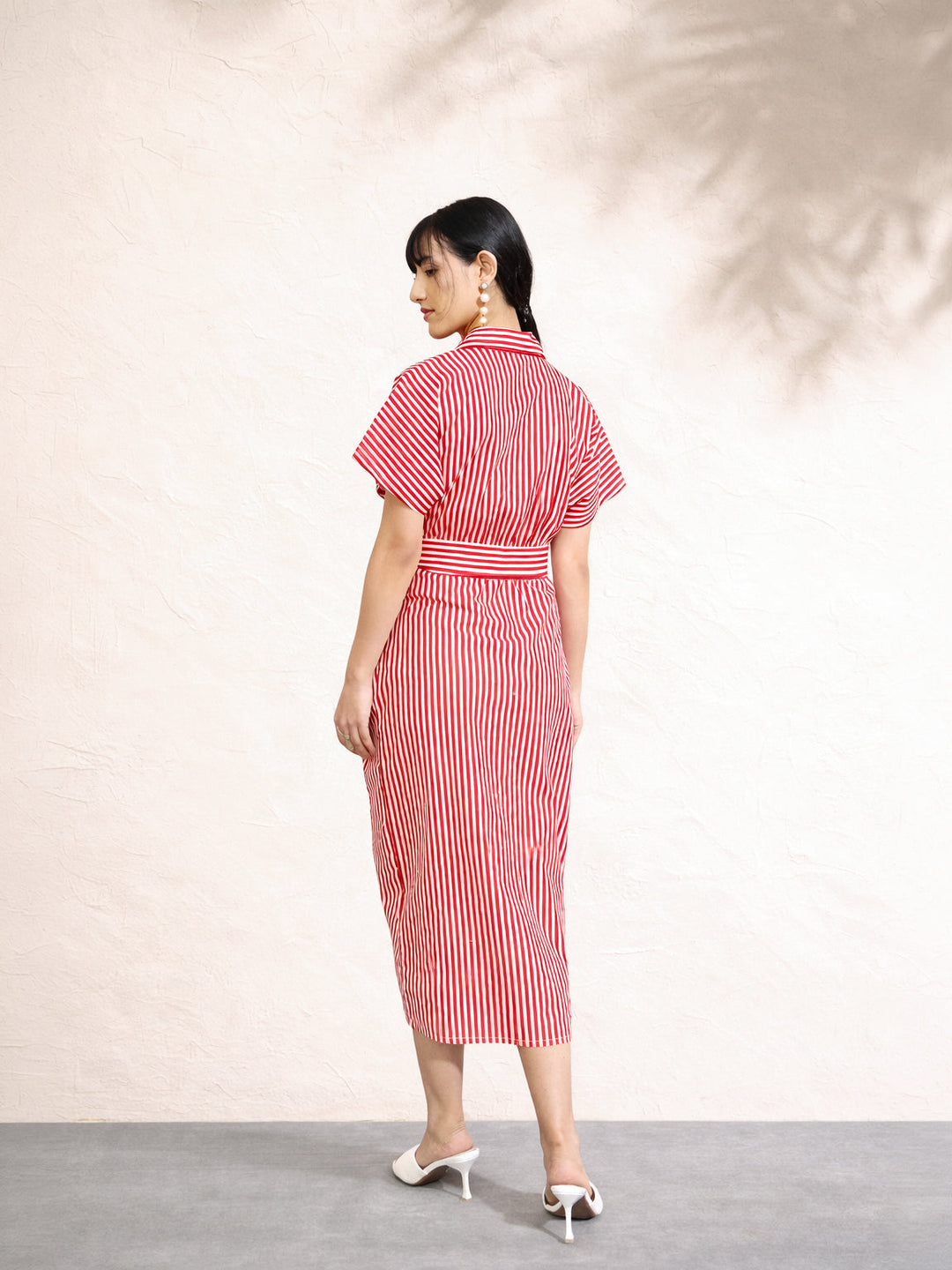 Women Red &amp; White Stripe Front Ruched Midi Dress