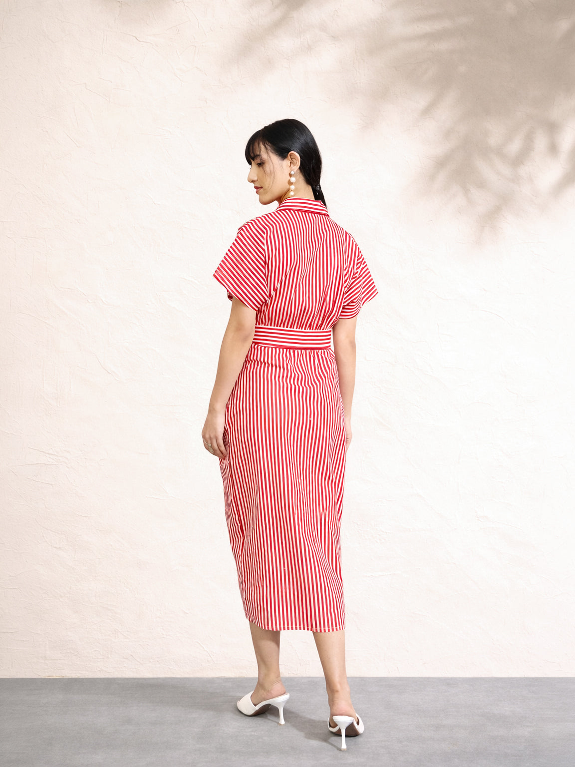 Women Red & White Stripe Front Ruched Midi Dress