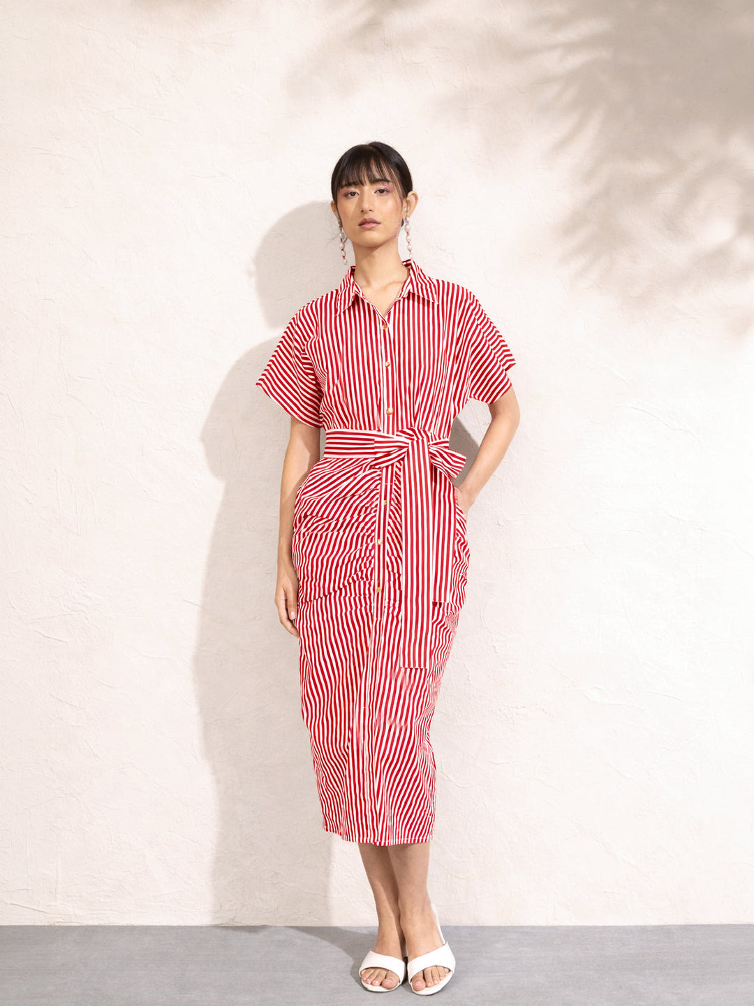 Women Red &amp; White Stripe Front Ruched Midi Dress