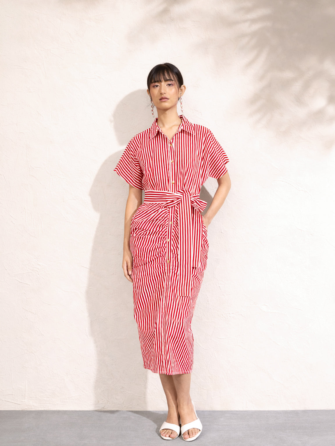 Women Red & White Stripe Front Ruched Midi Dress