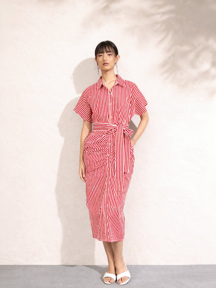 Women Red &amp; White Stripe Front Ruched Midi Dress