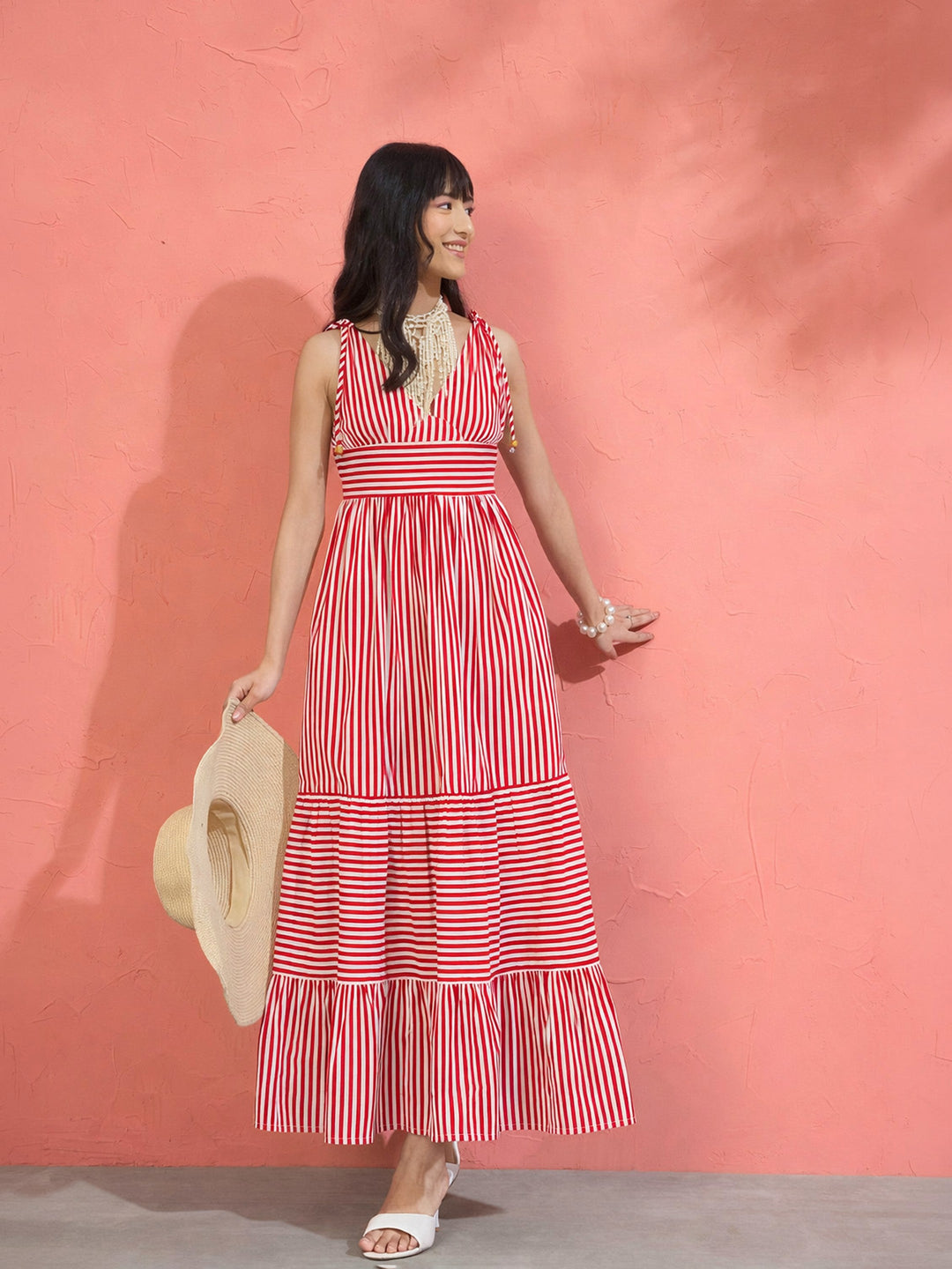 Women Red &amp; White Stripe Strappy Flared Hem Maxi Dress