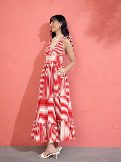 Women Red & White Stripe Strappy Flared Hem Maxi Dress