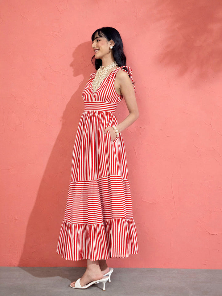 Women Red &amp; White Stripe Strappy Flared Hem Maxi Dress