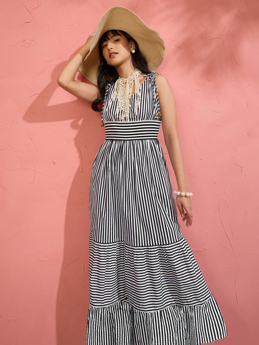 Women Black &amp; White Stripe Strappy Flared Hem Maxi Dress