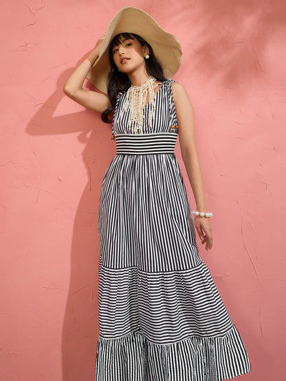 Women Black & White Stripe Strappy Flared Hem Maxi Dress