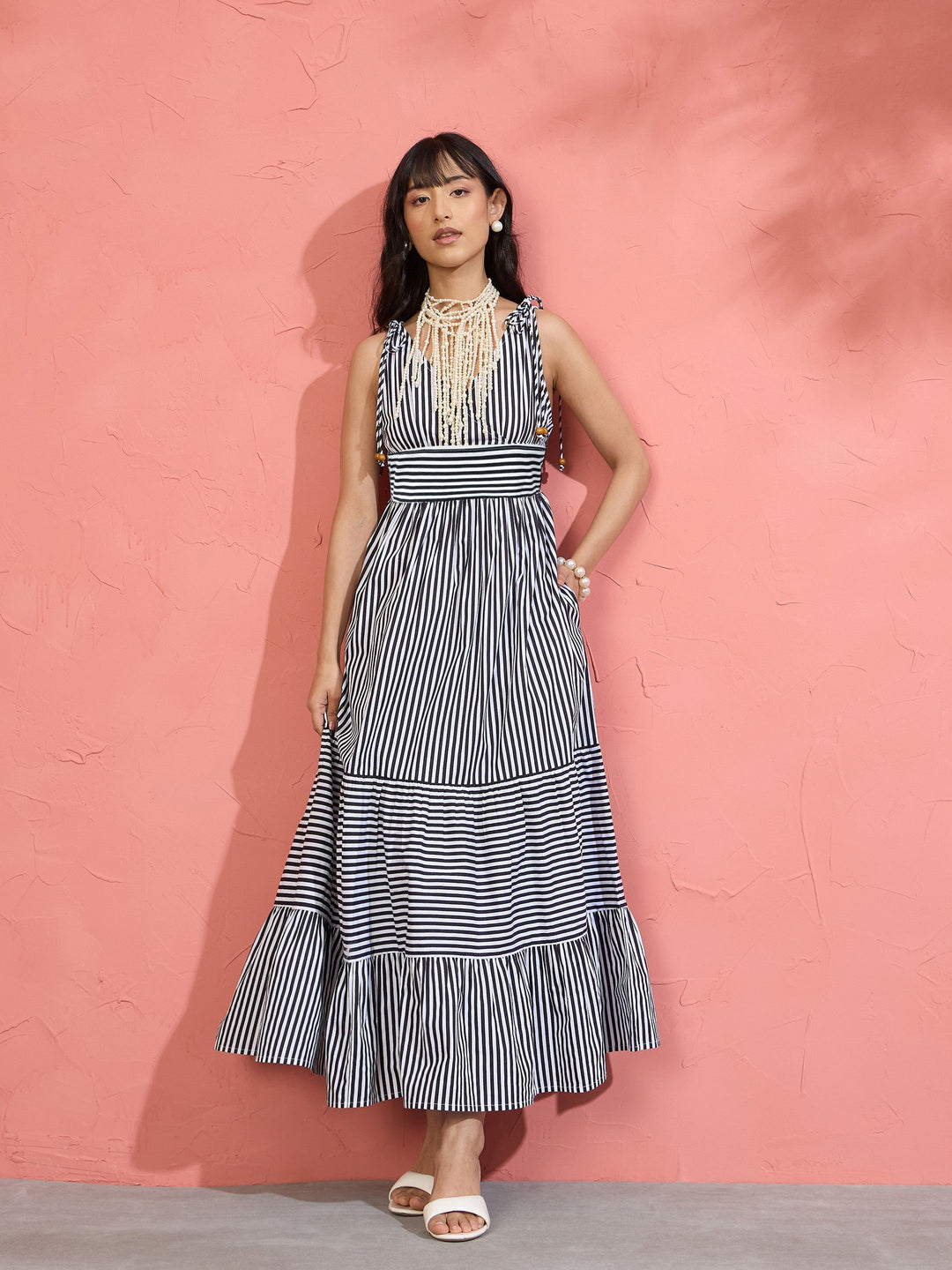 Women Black &amp; White Stripe Strappy Flared Hem Maxi Dress
