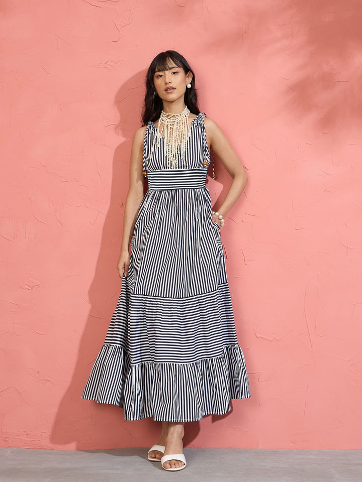 Women Black &amp; White Stripe Strappy Flared Hem Maxi Dress