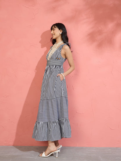 Women Black & White Stripe Strappy Flared Hem Maxi Dress