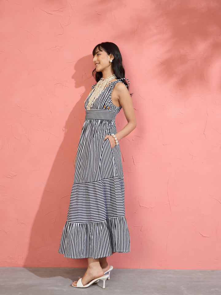Women Black &amp; White Stripe Strappy Flared Hem Maxi Dress