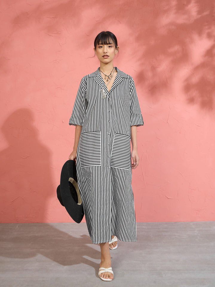 Women Black &amp; White Stripe Notch Collar Midi Dress