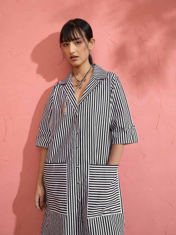 Women Black &amp; White Stripe Notch Collar Midi Dress