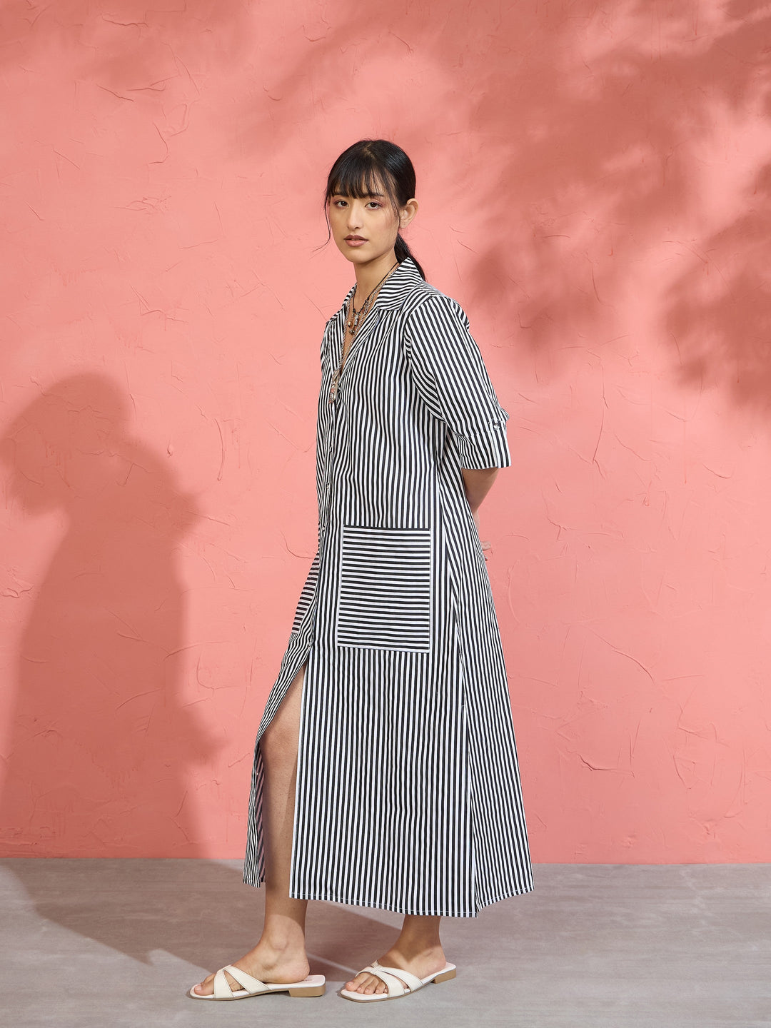 Women Black &amp; White Stripe Notch Collar Midi Dress