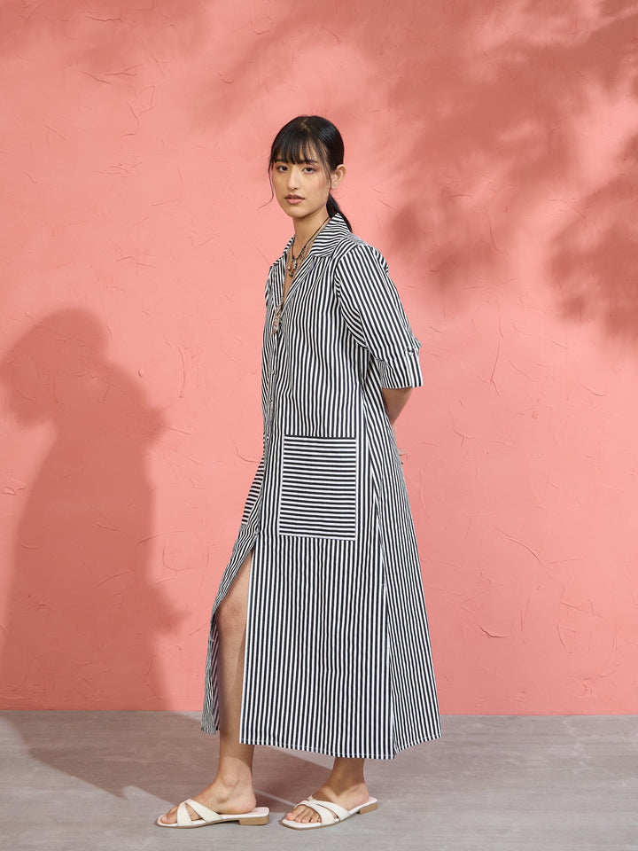 Women Black &amp; White Stripe Notch Collar Midi Dress