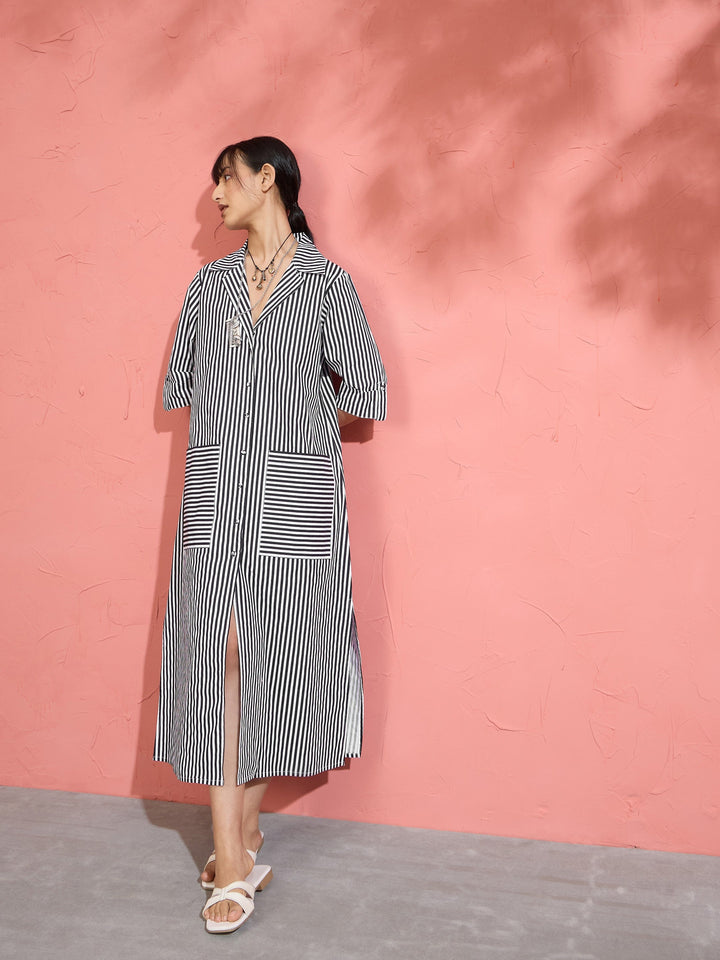Women Black &amp; White Stripe Notch Collar Midi Dress