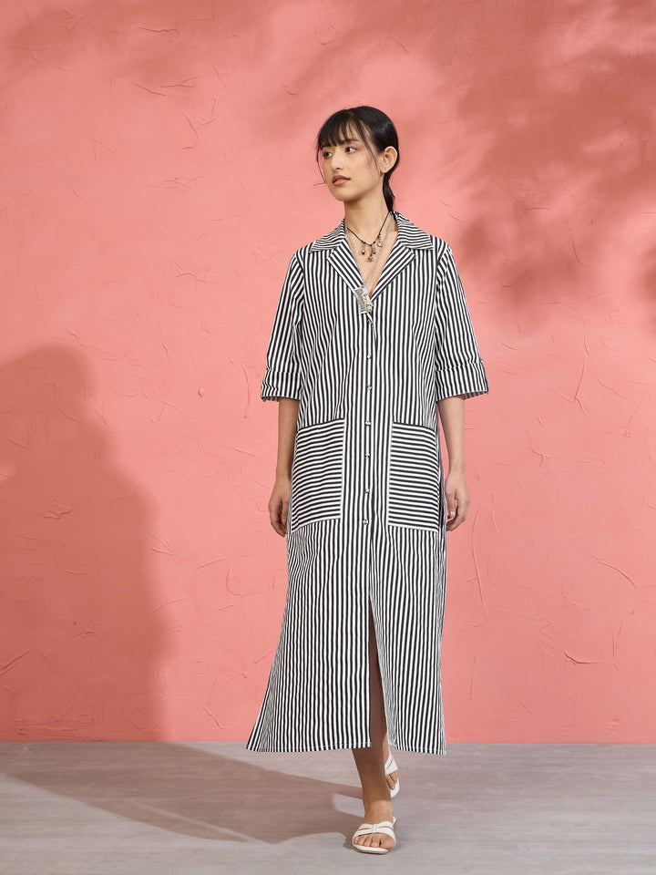Women Black &amp; White Stripe Notch Collar Midi Dress