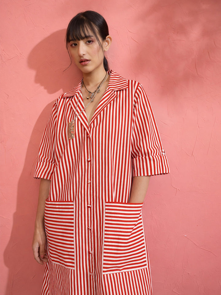 Women Red &amp; White Stripe Notch Collar Midi Dress