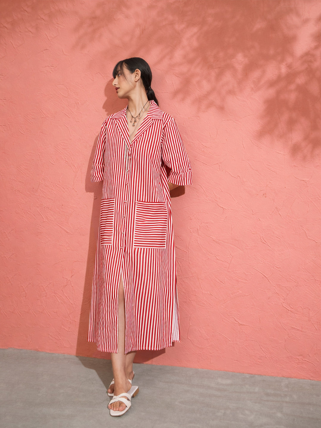 Women Red &amp; White Stripe Notch Collar Midi Dress